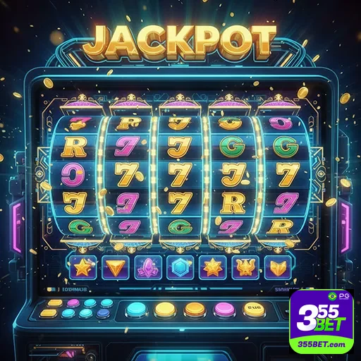 Imagem de máquinas de caça-níqueis com tema de cassino, promovendo slots no 355bet.